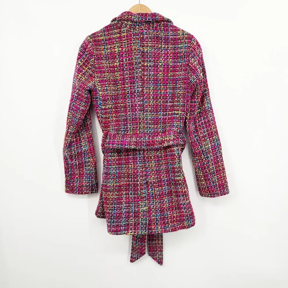 Pink Multicolor Belted Tweed Pea Coat Size Small NWT